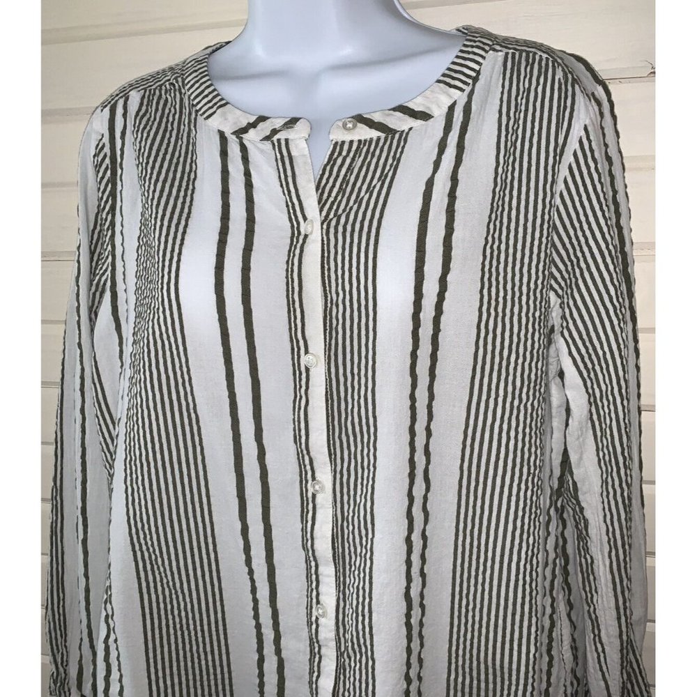 ANN TAYLOR LOFT Sz MEDIUM Striped Seersucker Button Up  Tunic L/S Cotton EUC